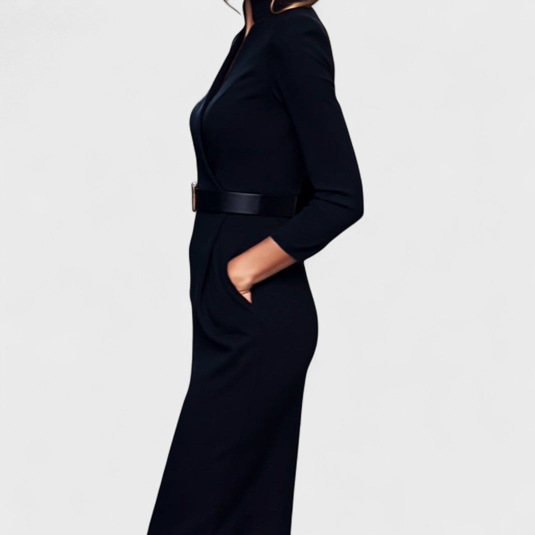 Eve - Stylish Black Dress with Belt and Collar