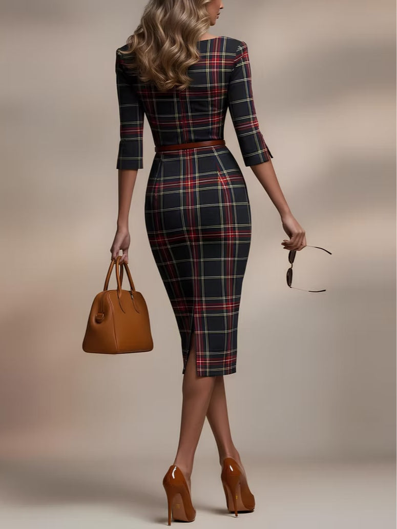 Sue | Classic Plaid Three-Quarter Sleeve Midi Dress