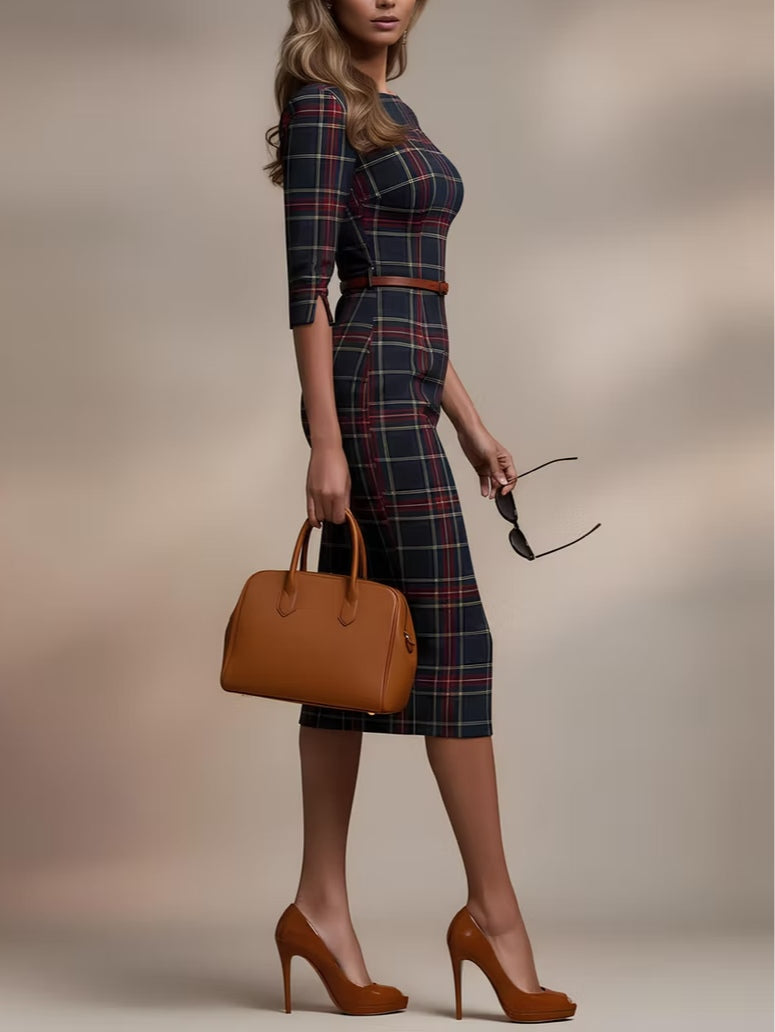 Sue | Classic Plaid Three-Quarter Sleeve Midi Dress