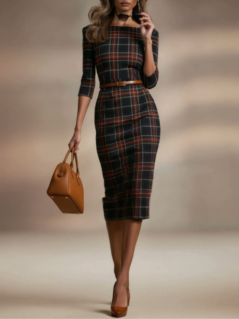 Sue | Classic Plaid Three-Quarter Sleeve Midi Dress
