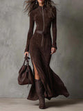 SANRA | Long Suede Dress with Zip and Belt