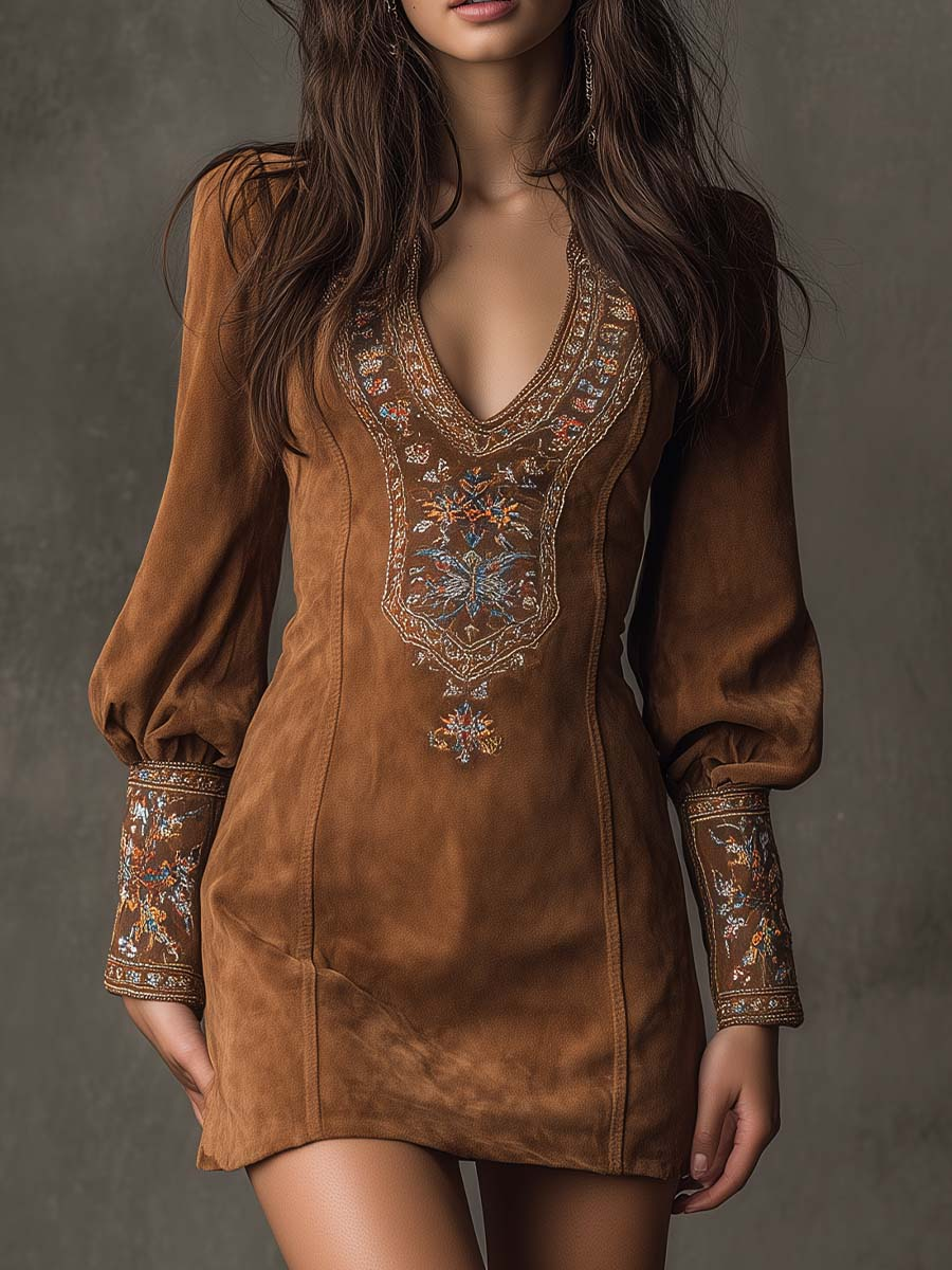 Kaylee | Vintage Brown V-Neck Suede Embroidered Mini Dress