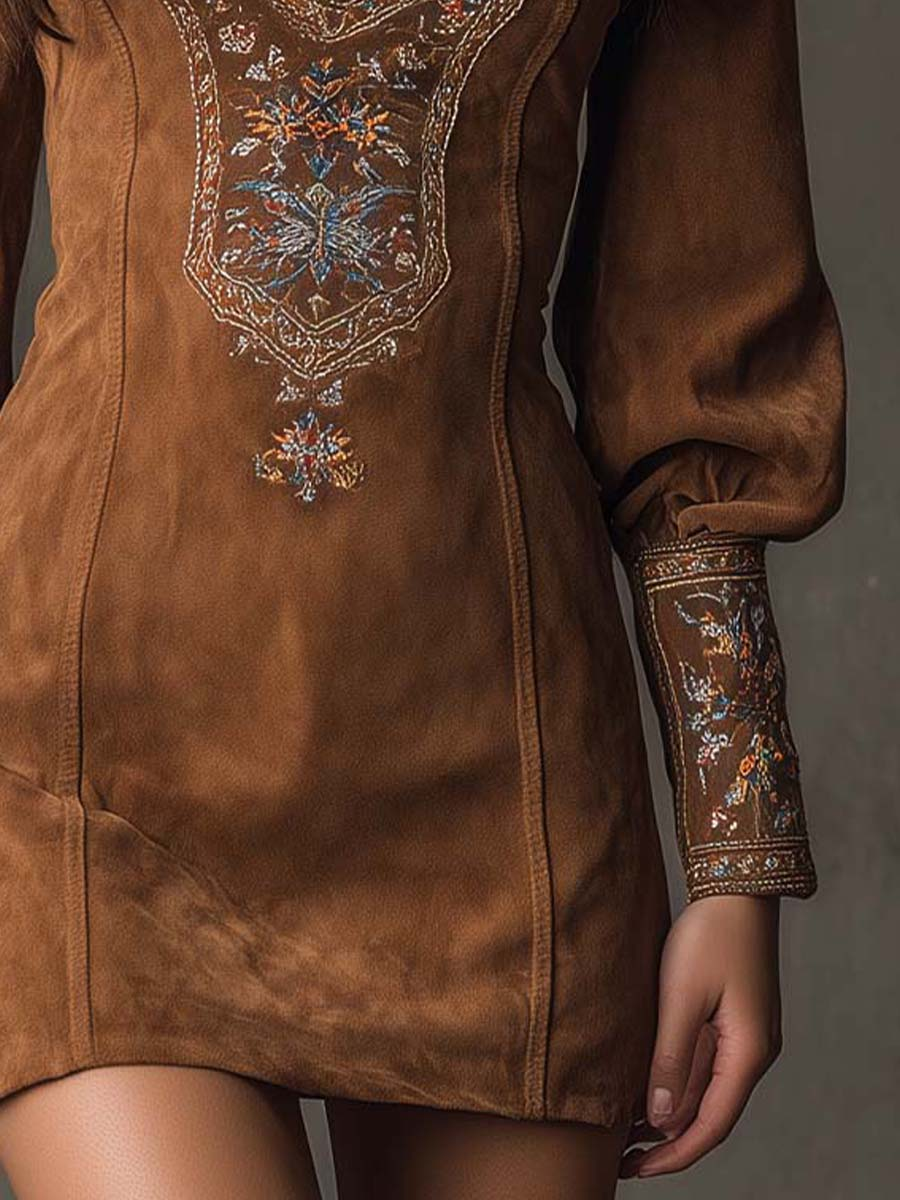 Kaylee | Vintage Brown V-Neck Suede Embroidered Mini Dress