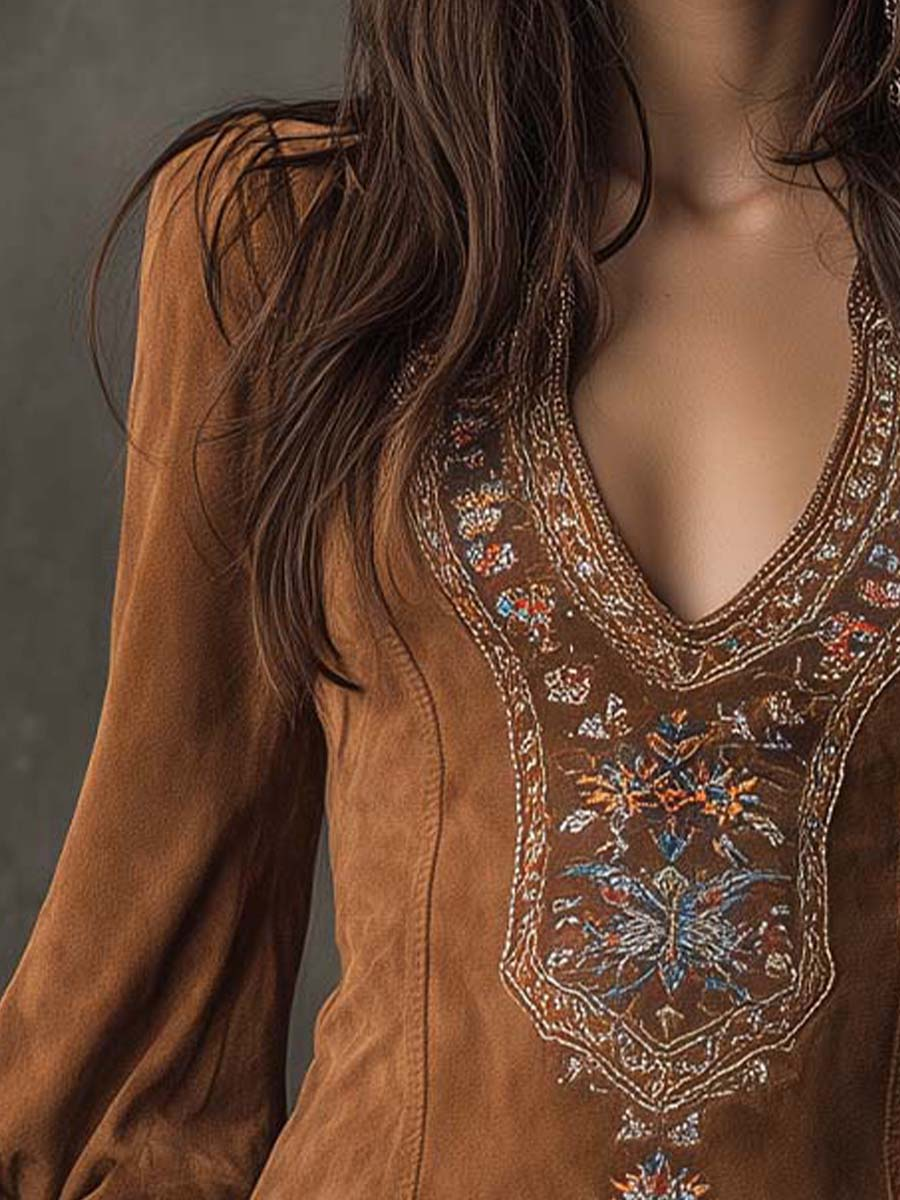 Kaylee | Vintage Brown V-Neck Suede Embroidered Mini Dress