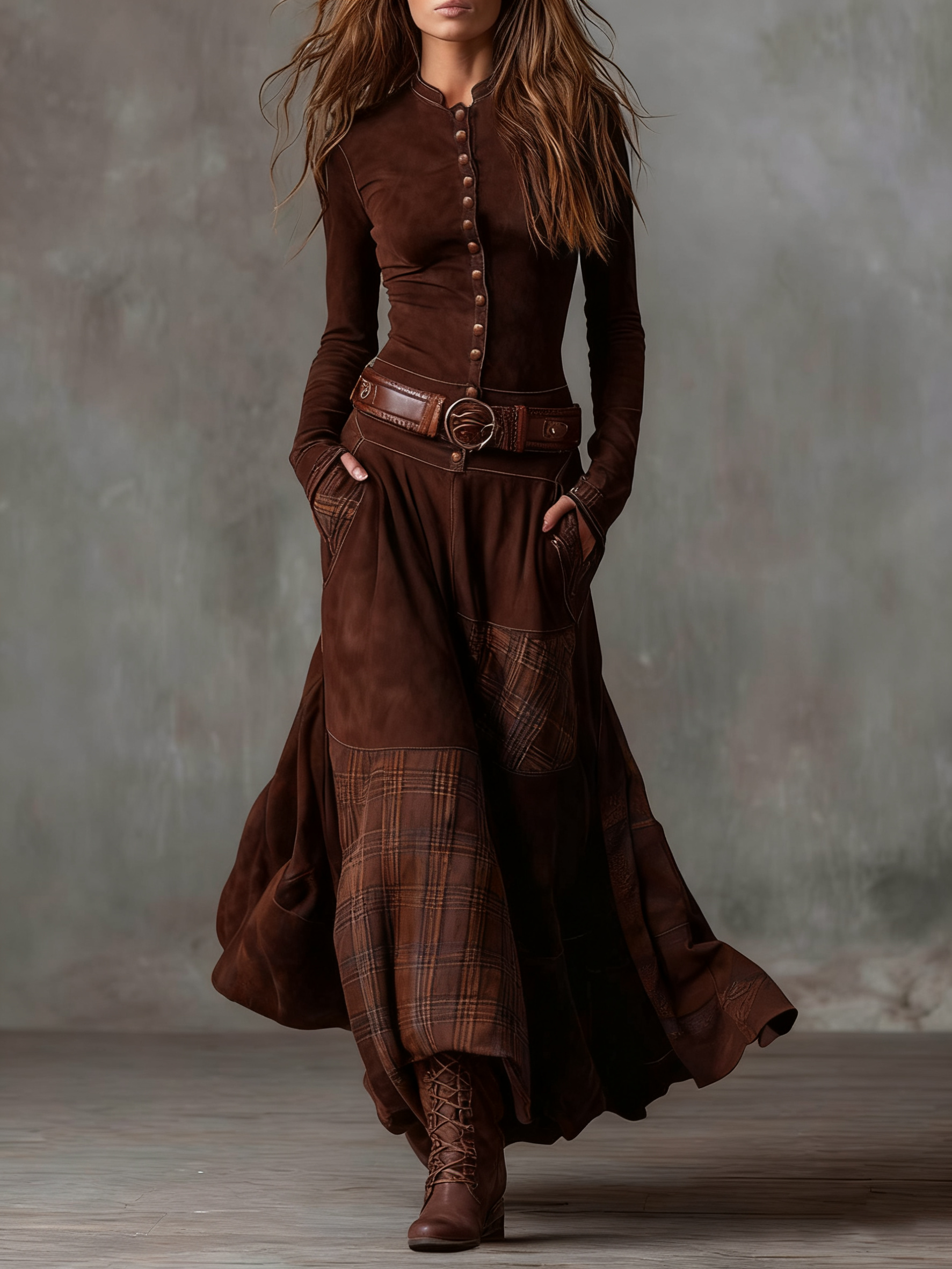 Avery™ Plaid Paneled Vintage Suede Maxi Dress(with free belt)