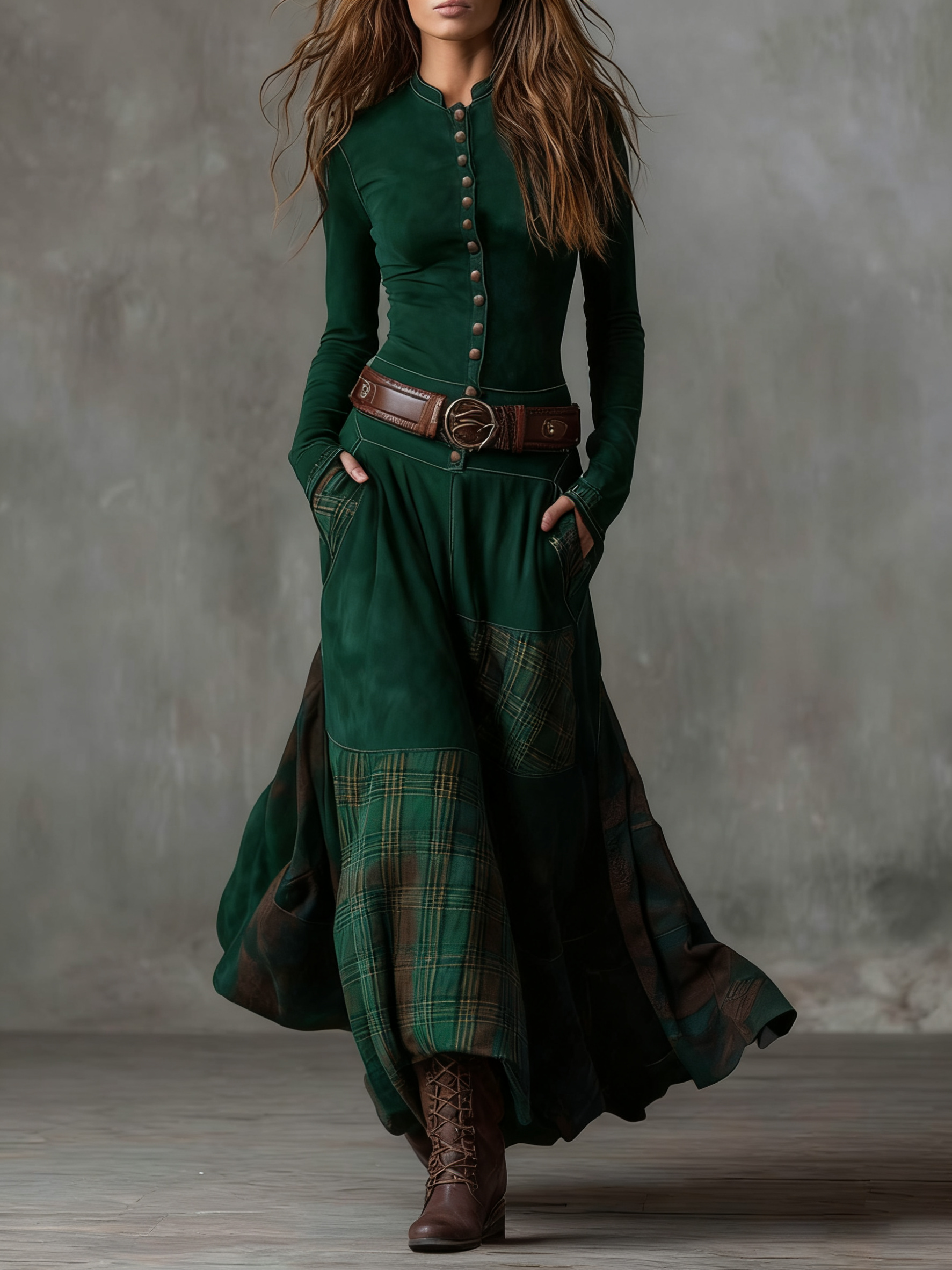 Avery™ Plaid Paneled Vintage Suede Maxi Dress(with free belt)