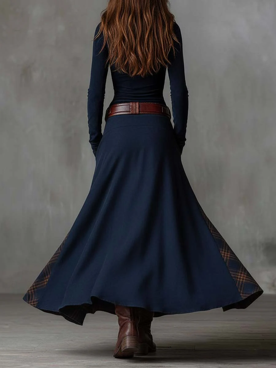 Avery™ Plaid Paneled Vintage Suede Maxi Dress(with free belt)